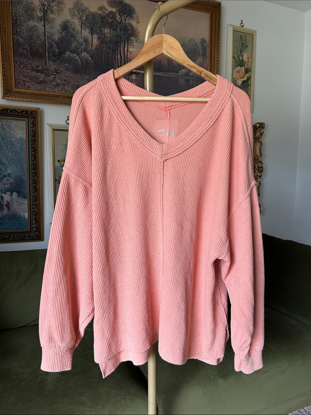 aerie Soft Coral V-Neck Waffle Knit Sweater